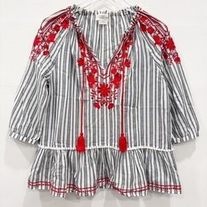 Kate Spade Broome Street Embroidered Stripe Peplum Blouse Tassle Red Grey Small